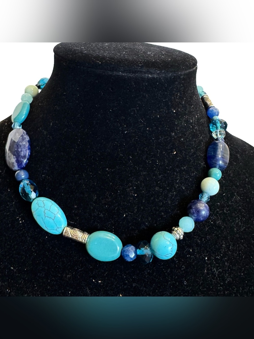 Aqua Turquoise, Glass & Blue Natural Sodalite Accent Gemstone Beads Necklace 18"